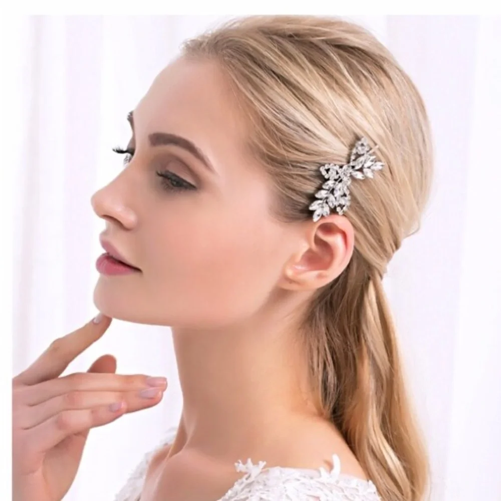 Single Silver Hair Clips Austrian Crystal Barrettes Women Hair Accessories
